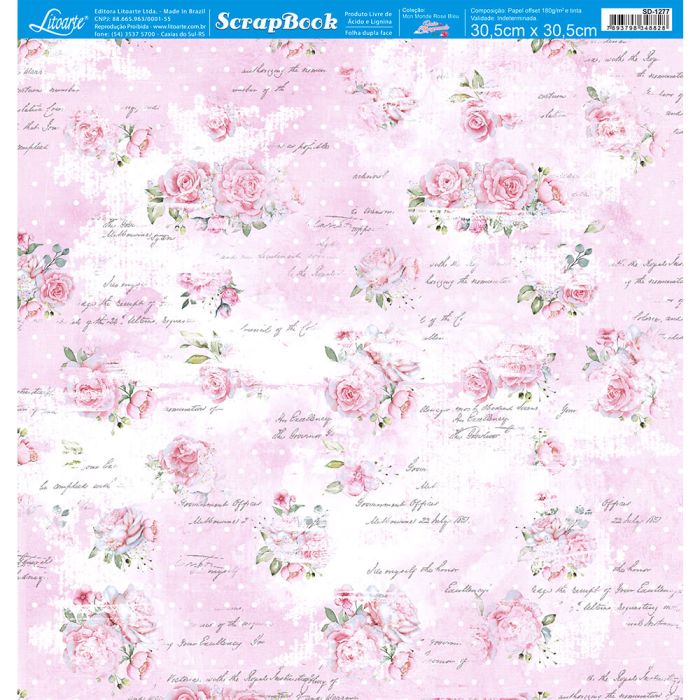 Papel para Scrapbook Litoarte Coleção Mon Monde Rose Bleu Rosas