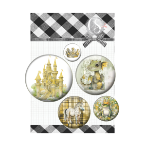 Bottons Castelo Carina Sartor Coleção Kingdom com 5 peças em tamanhos variados de 6,5 cm a 2,5 cm. Versáteis para projetos de scrapbooking, roupas e bolsas. Estilo Shabby Chic para adicionar magia às suas criações.